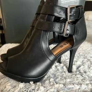 Brash open toe buckled heels